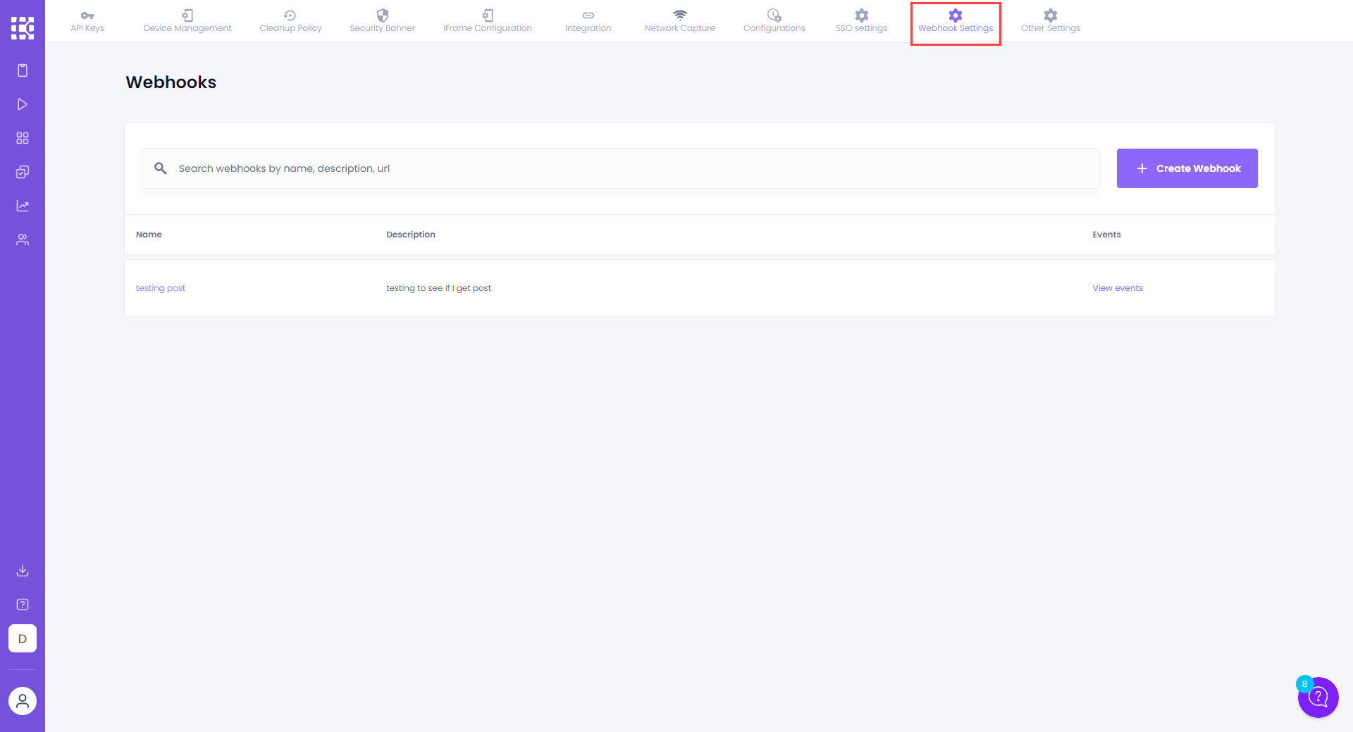Webhook settings tab