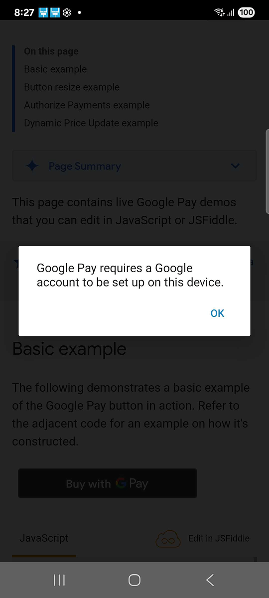 A Google Pay is required pop-up