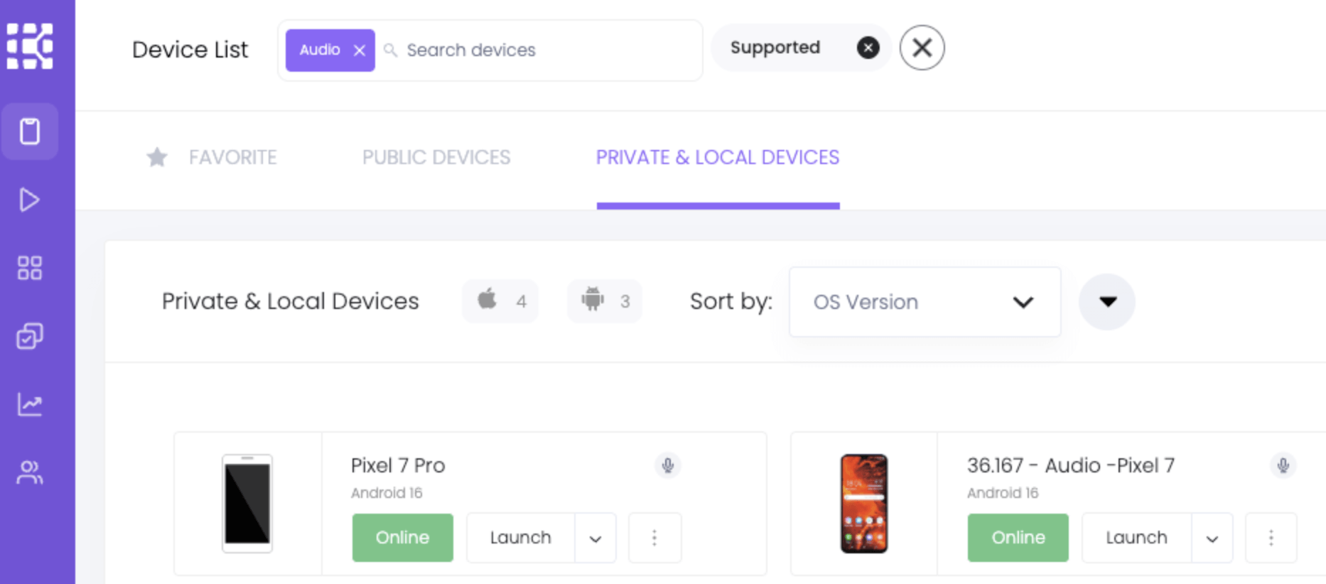 Filtered device list showing Pixel 7 Pro and Pixel 7 with audio capability icons