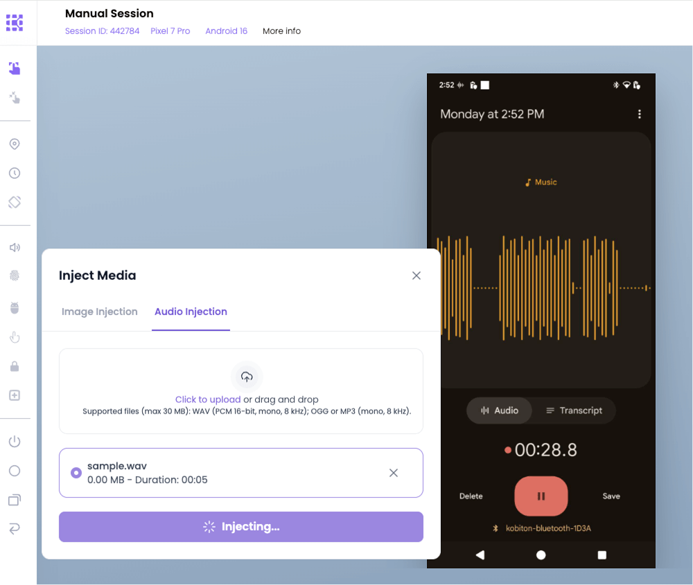 Manual session screen showing the audio file sample.wav being injected into a Pixel 7 Pro