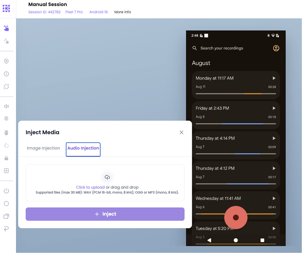 Audio injection screen showing no file selected before injection