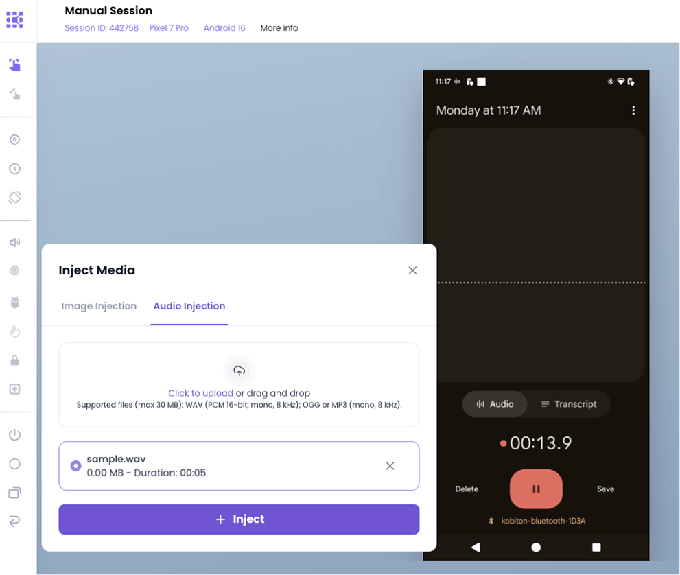 Audio injection screen with sample.wav file ready and inject button active