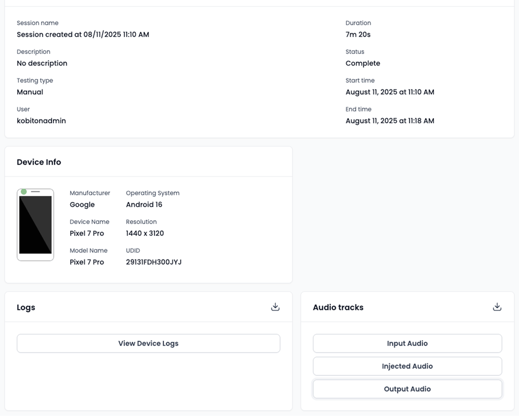 Session summary showing audio tracks injected and details about the device and session