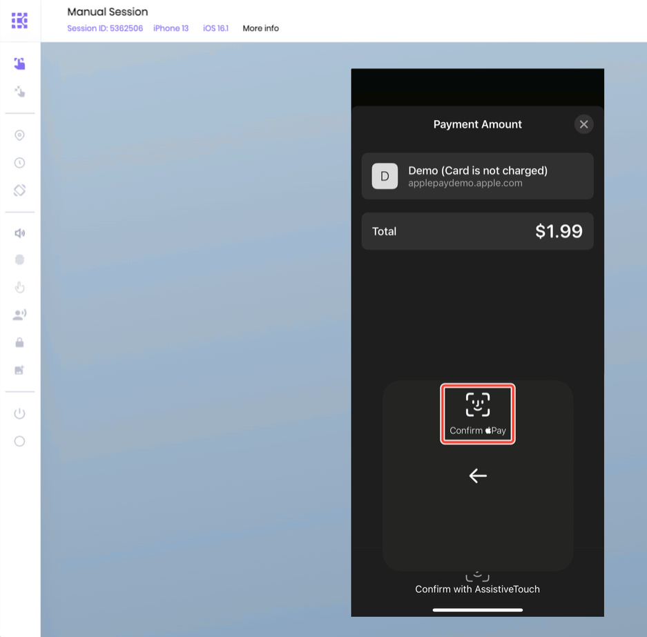 The Confirm Pay option in Assistive touch expanded menu