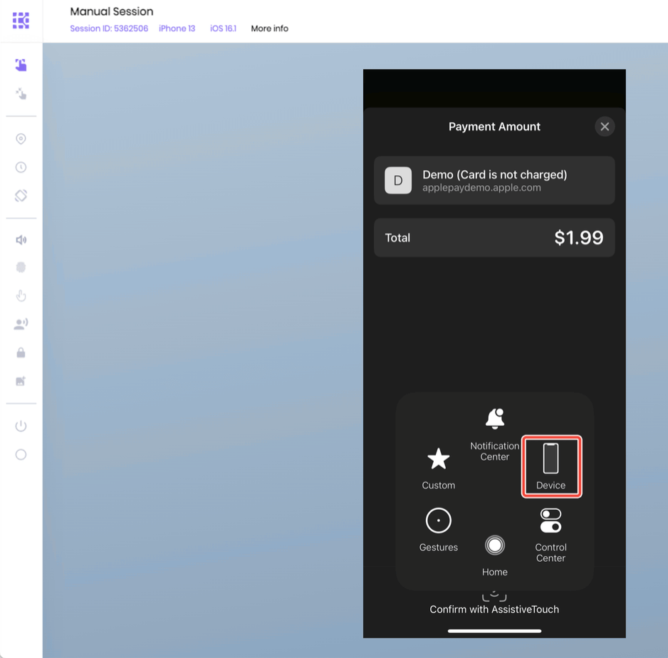 The Device option in Assistive touch expanded menu
