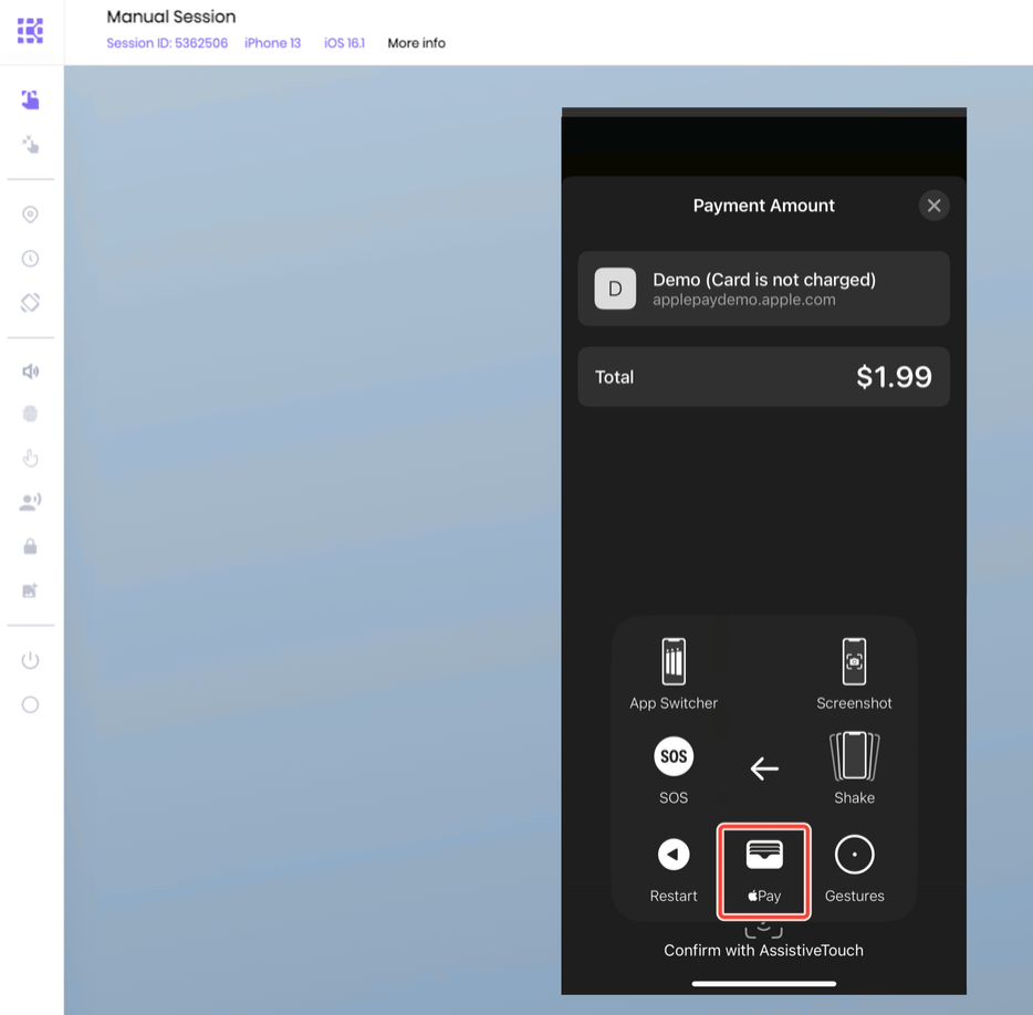 The Pay option in Assistive touch expanded menu