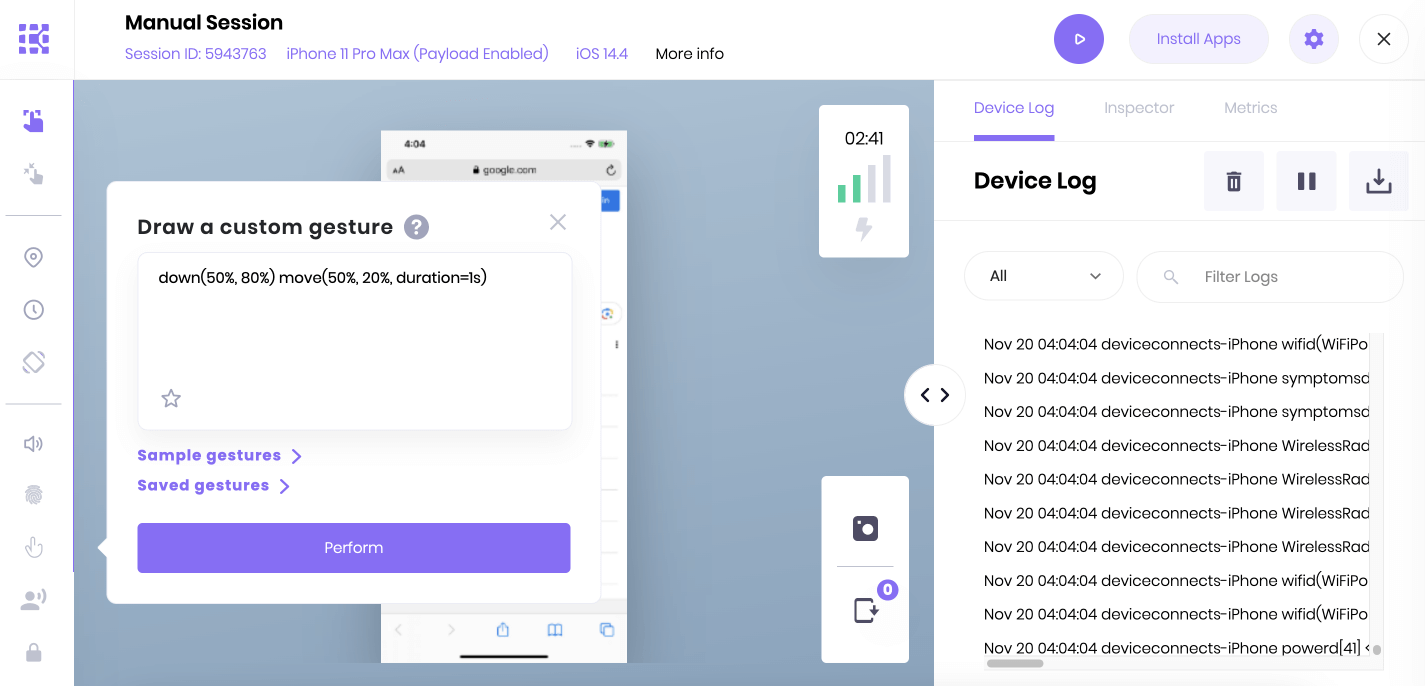 A manual session with gestures open.