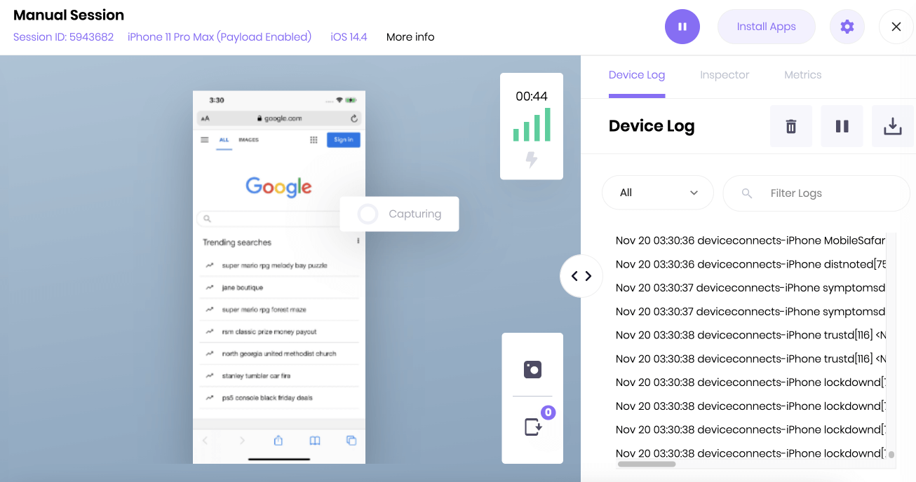A manual session with a closeup of the device with synchronous inventory capture enabled.