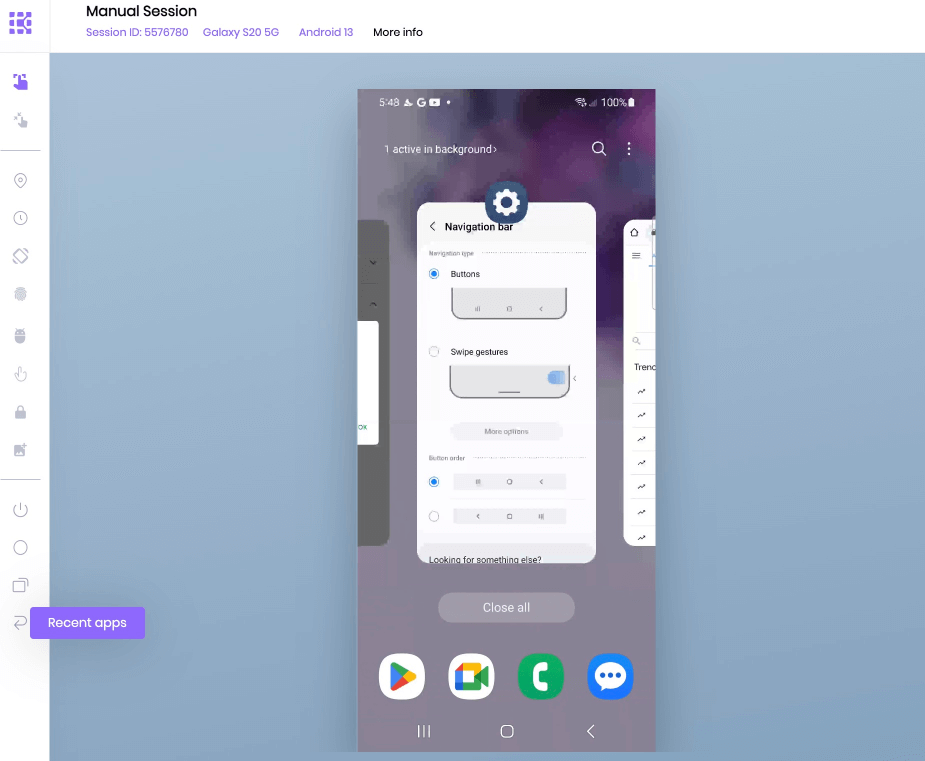 A manual session with a close up of the device display its recent apps.