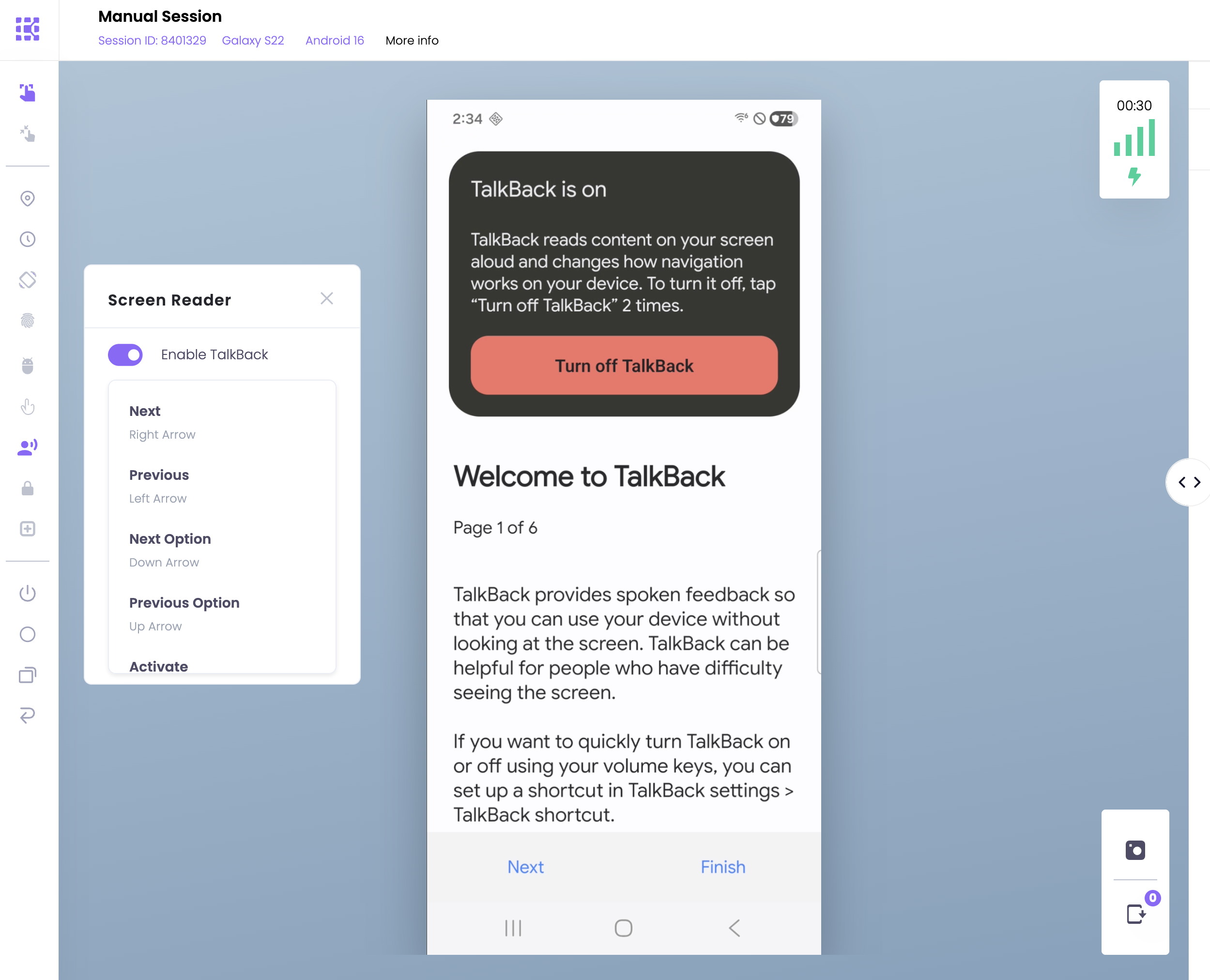 Screen Reader panel showing TalkBack enabled