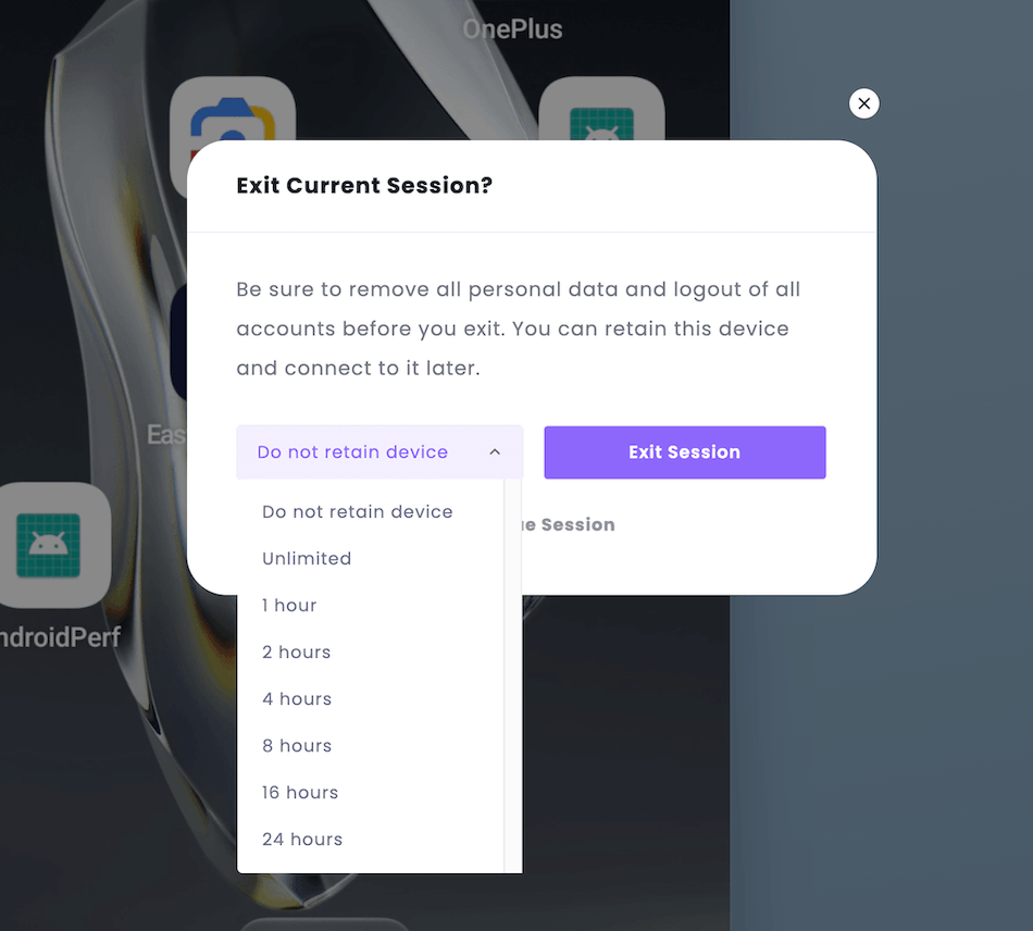 Exit-session confirmation prompt with the Retain list open