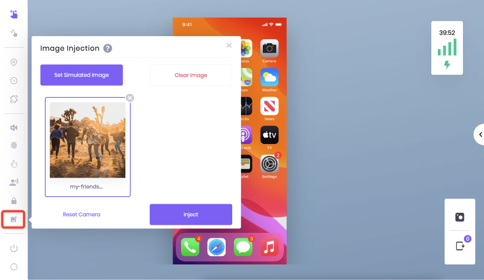 "A manual session with image injection open and the icon highlighted.