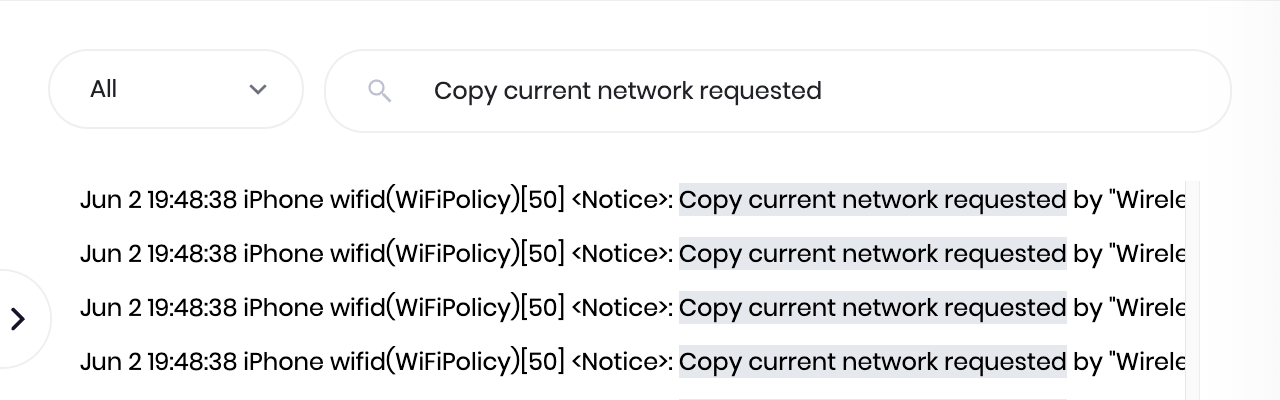 A closeup of the search bar and logs displaying 