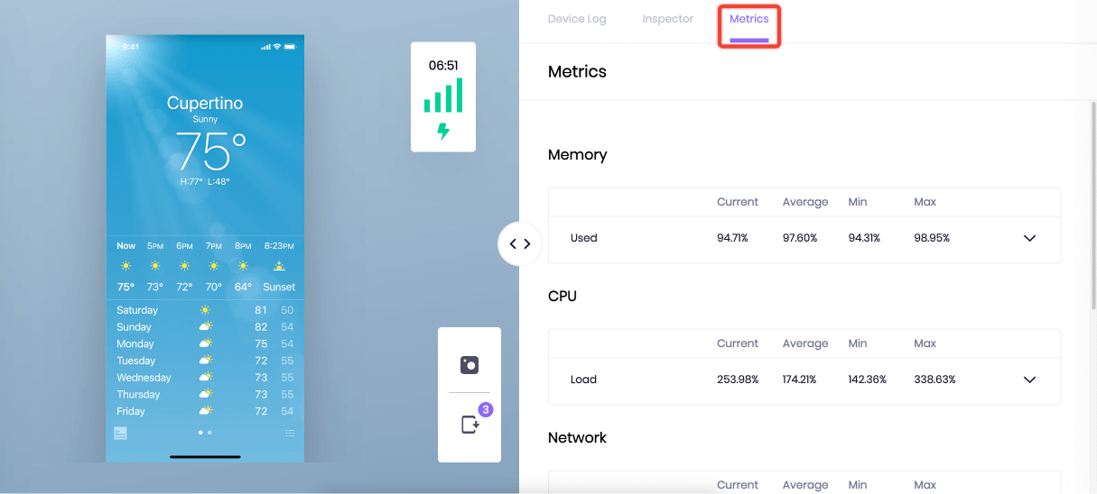 A manual session displaying a device and the device metrics.