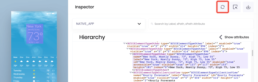 The XML hierarchy of the current device screen