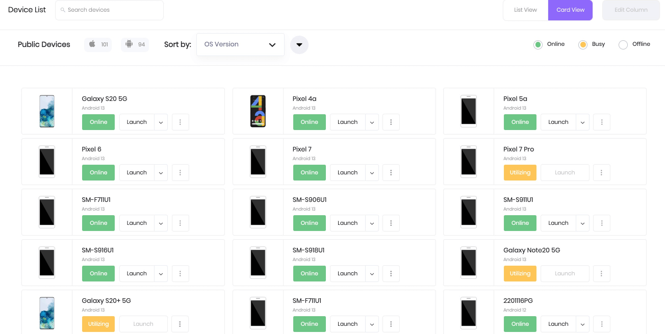 Choose a device to launch a manual session