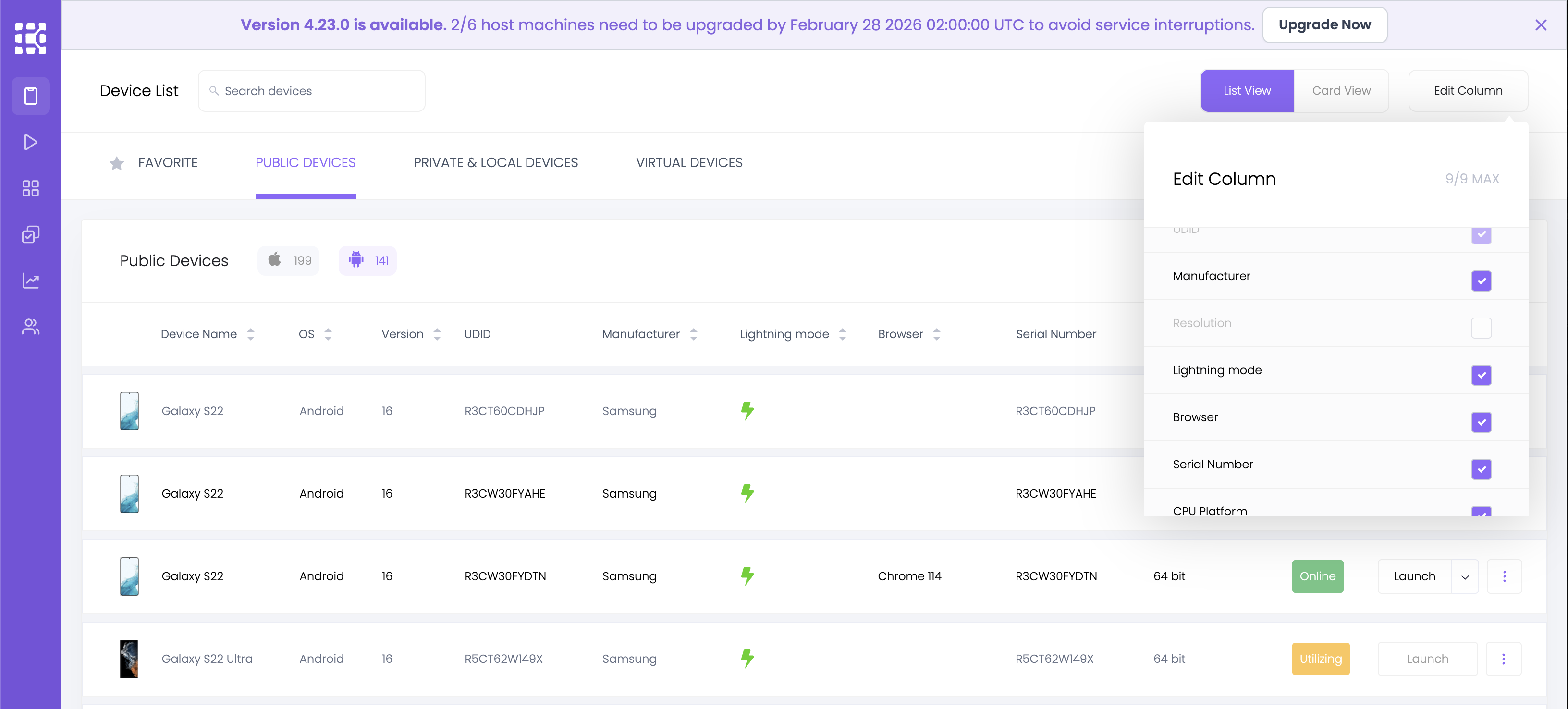 Lightning mode column enabled in the Device List