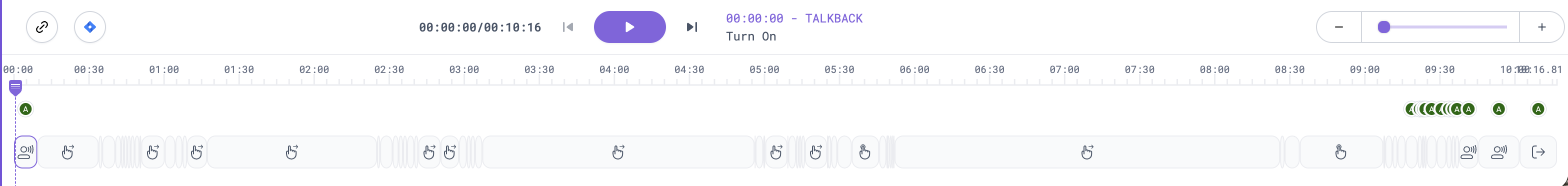 Session timeline showing recorded TalkBack gestures and screen reader accessibility events