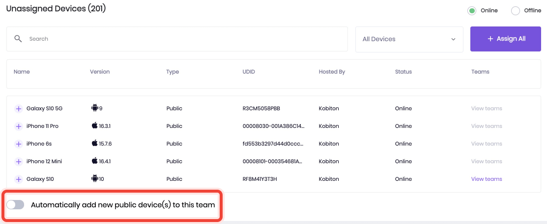Toggle to automatically add public devices to the team