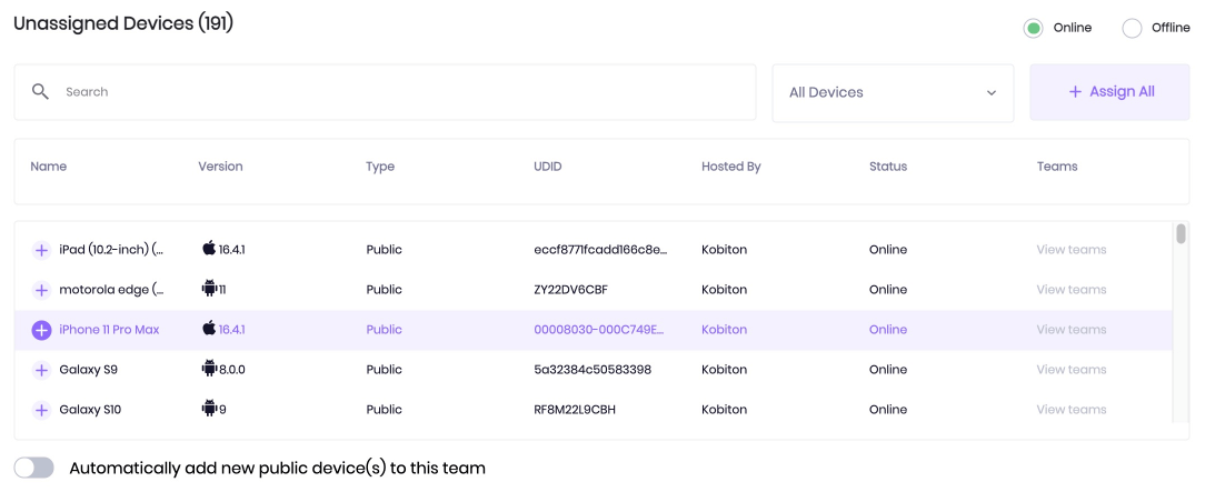 Assign devices to the team