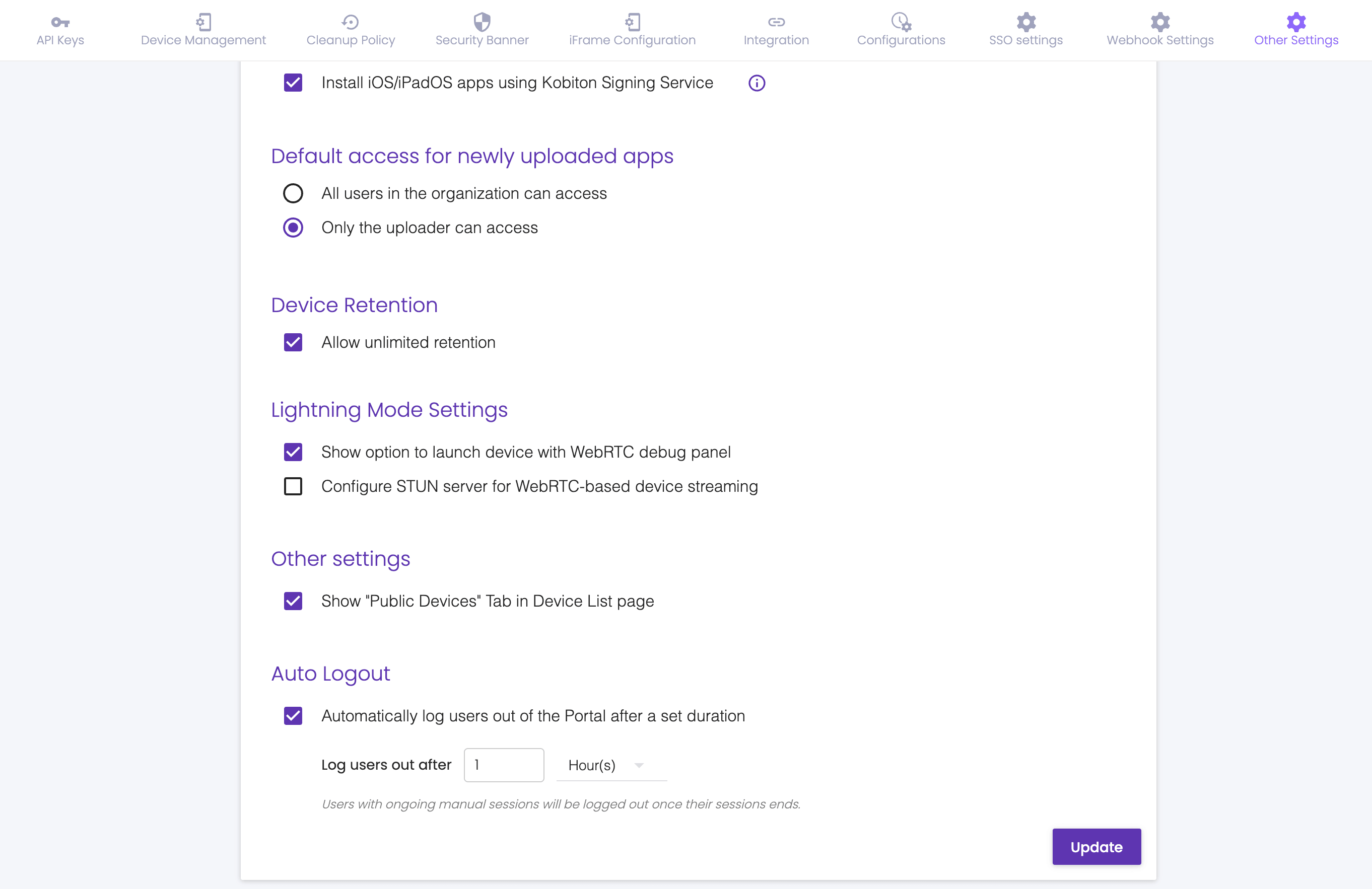 The Auto Logout setting in Other Settings, with the checkbox selected and the Log users out after field visible.