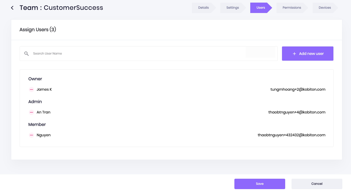 Click Save after adding a user to a team role