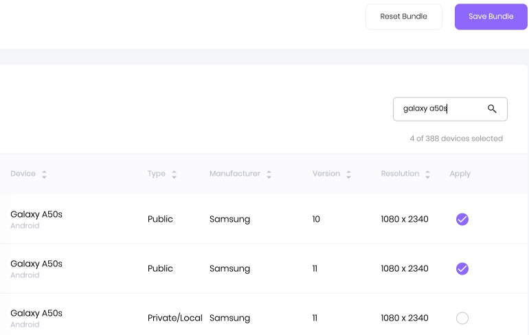 Select <strong>Apply</strong> to add or remove devices, then select <strong>Save Bundle</strong>