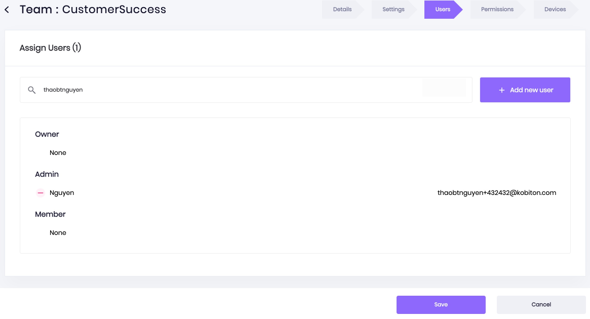 Click Save after changing the user’s team role