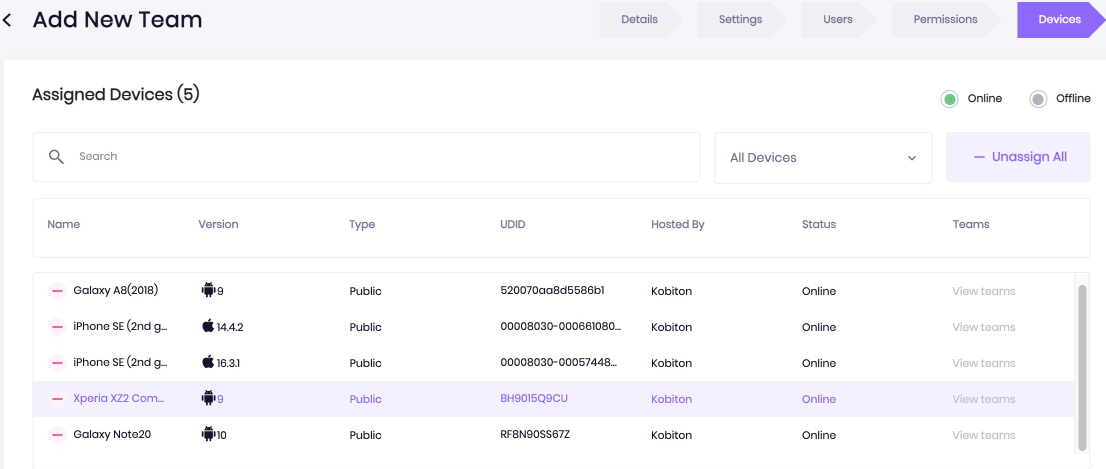 Devices tab in Teams