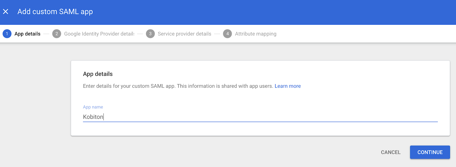 Enter a name for the app
