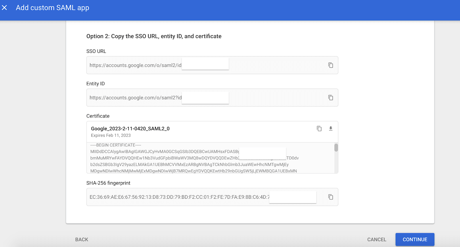 Values in Google Identity Provider Details