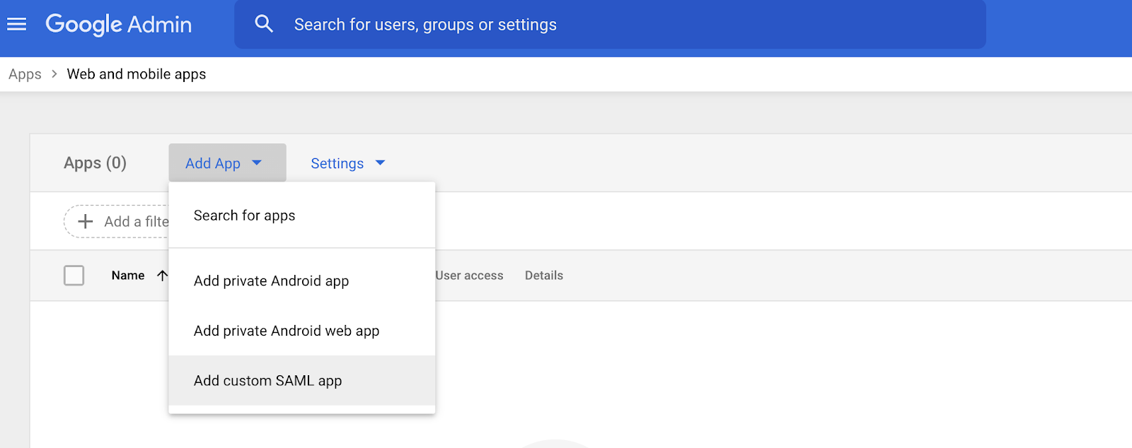 Select Add custom SAML app in the dropdown