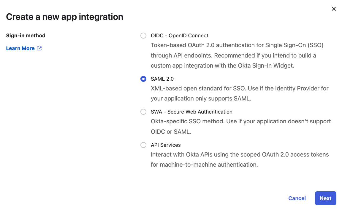 Choose SAML 2.0 in the select sign-in method step