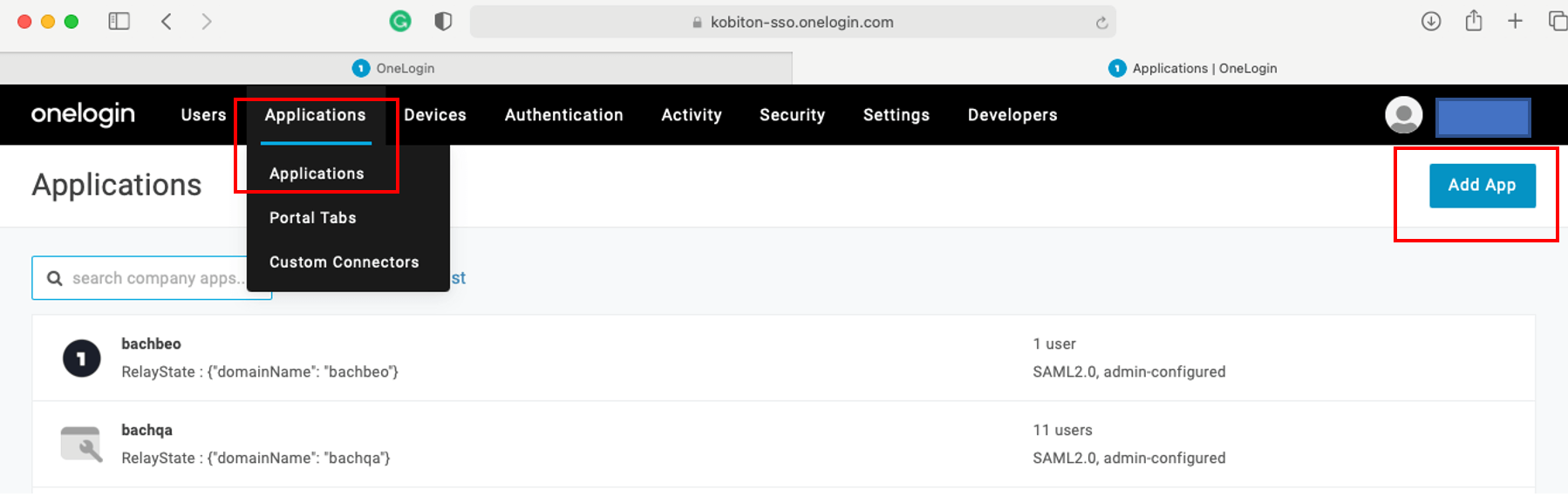 Select Applications, then Add App in OneLogin