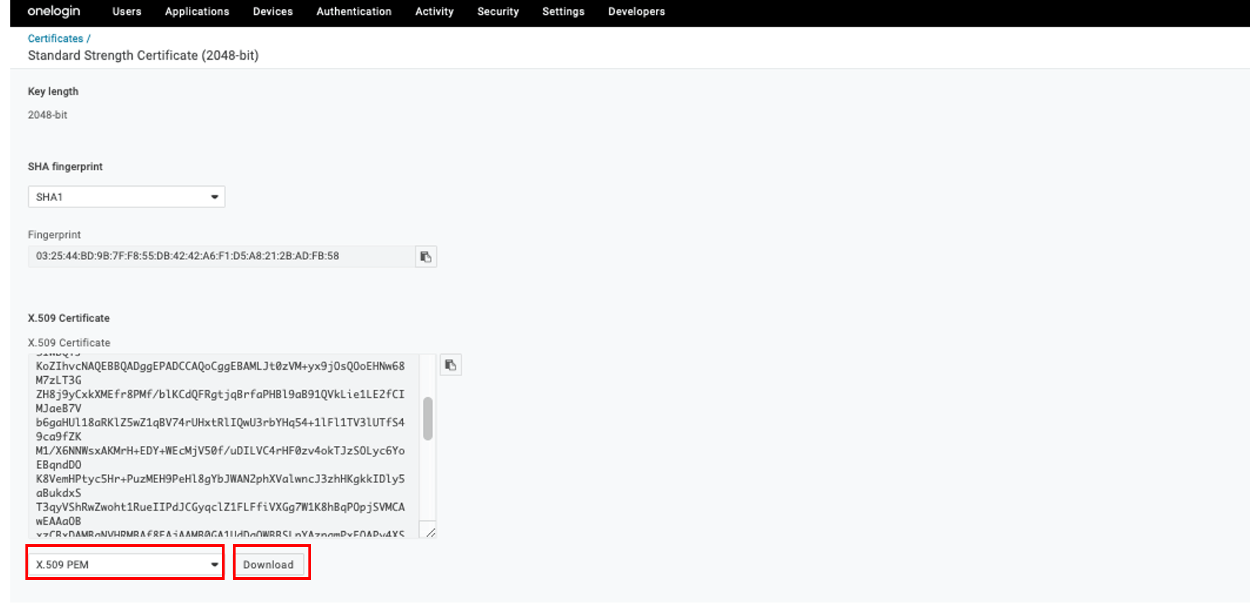 select <strong>Download</strong> to download your X.509 certificate