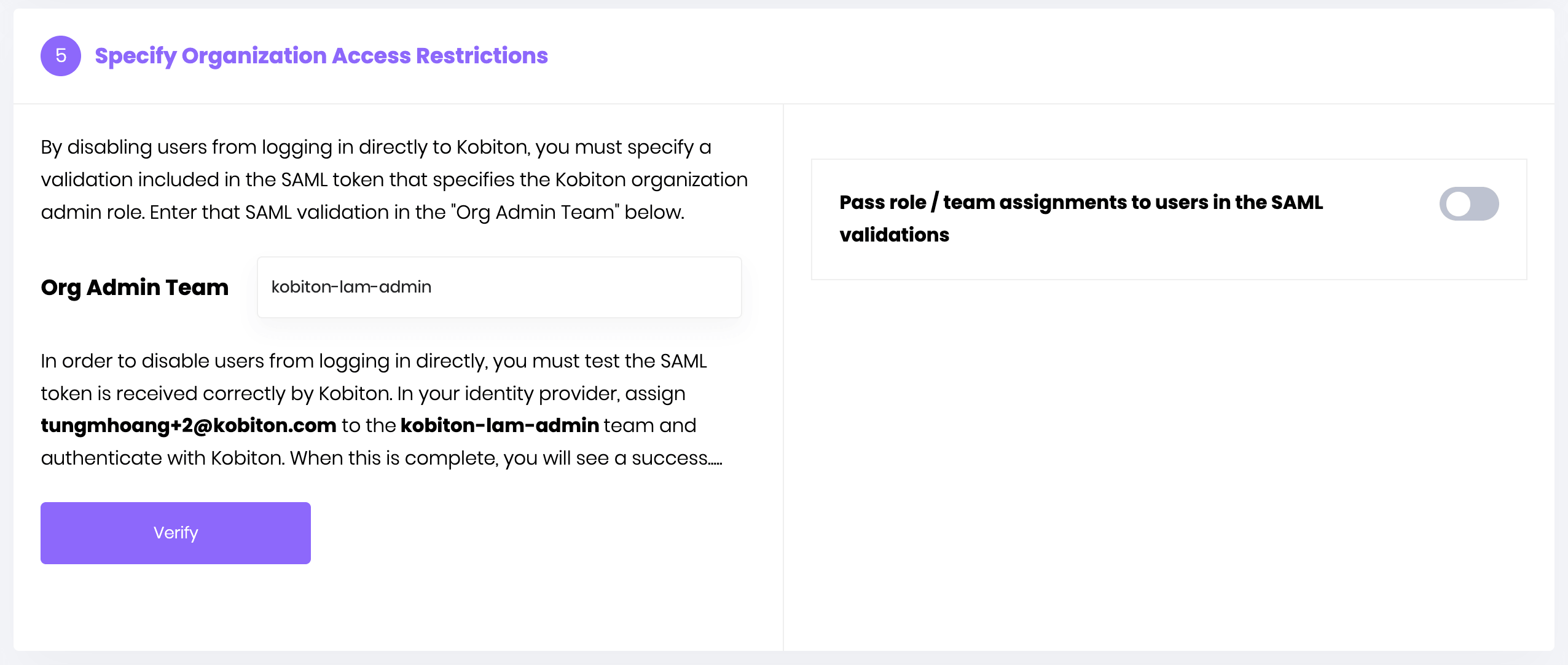 Pass role and team assignments switch and the Org Admin Team field in Settings > SSO Settings