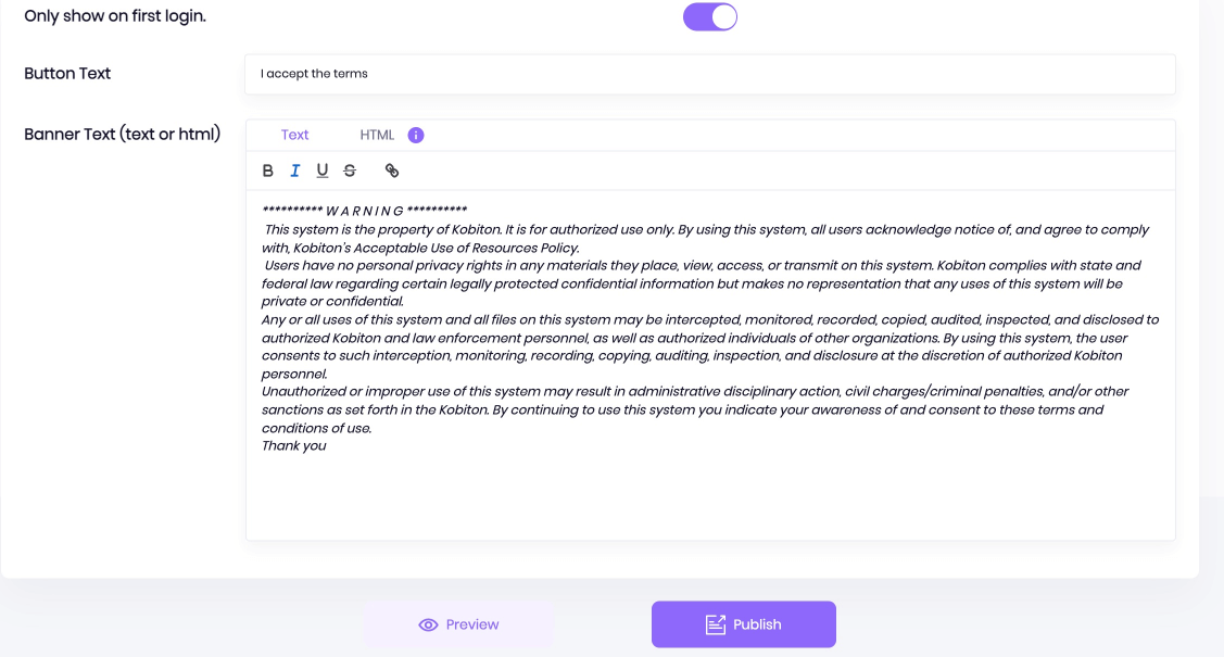 Click Publish to publish your login message