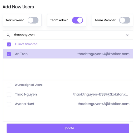 A closeup to search for a user in the Add New Users modal