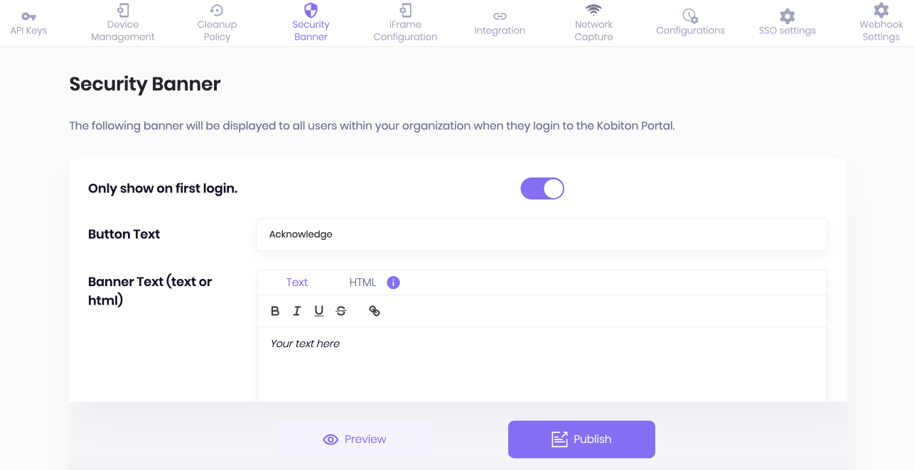 Security banner chosen in the top nav bar