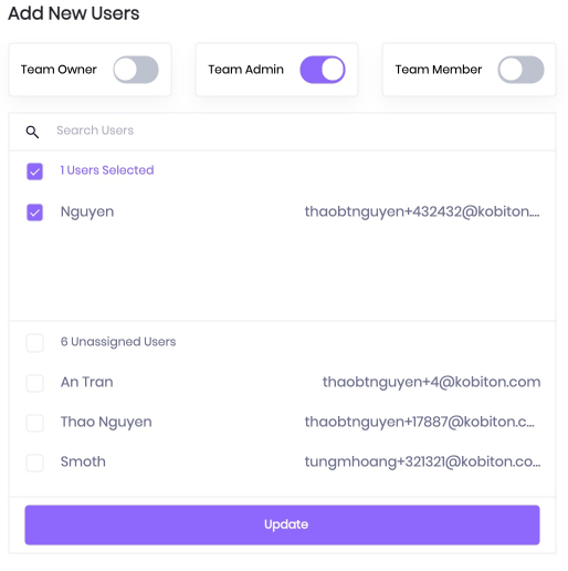 Select Update after changing the user’s team role