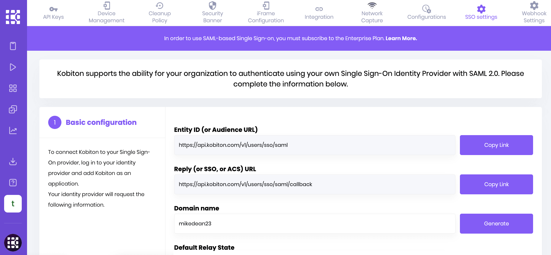 SSO settings page