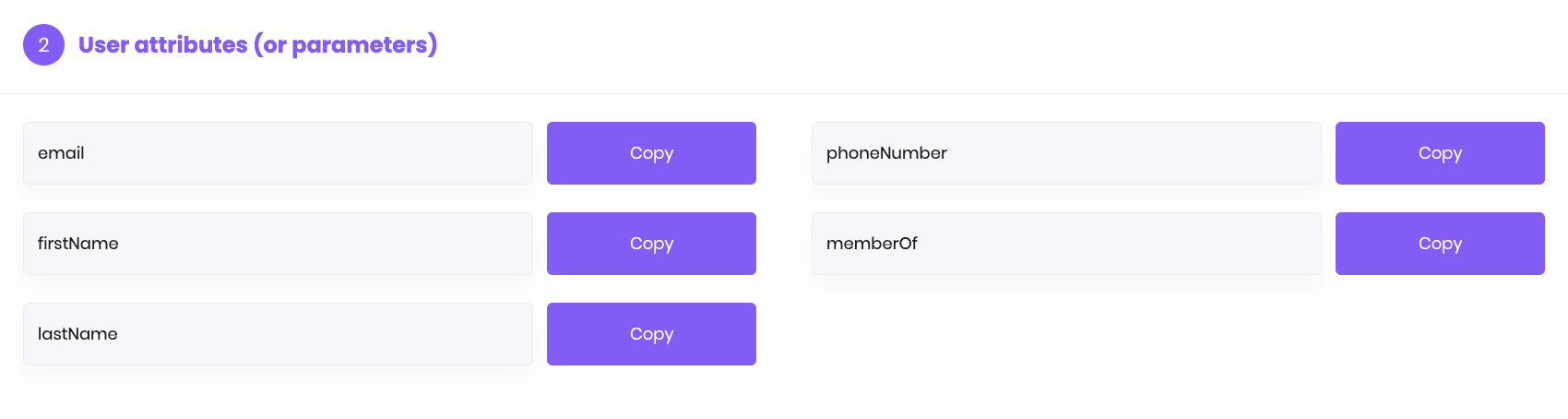 User attributes or parameters step in SSO settings