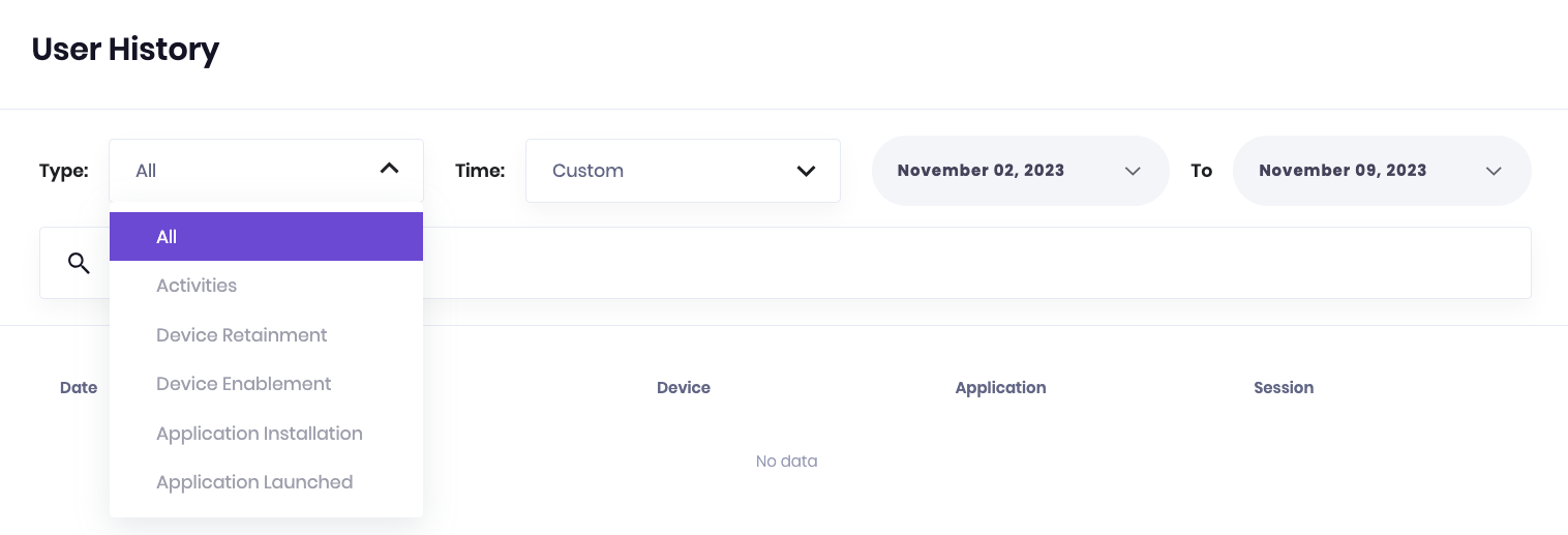 The event type filter in User History report