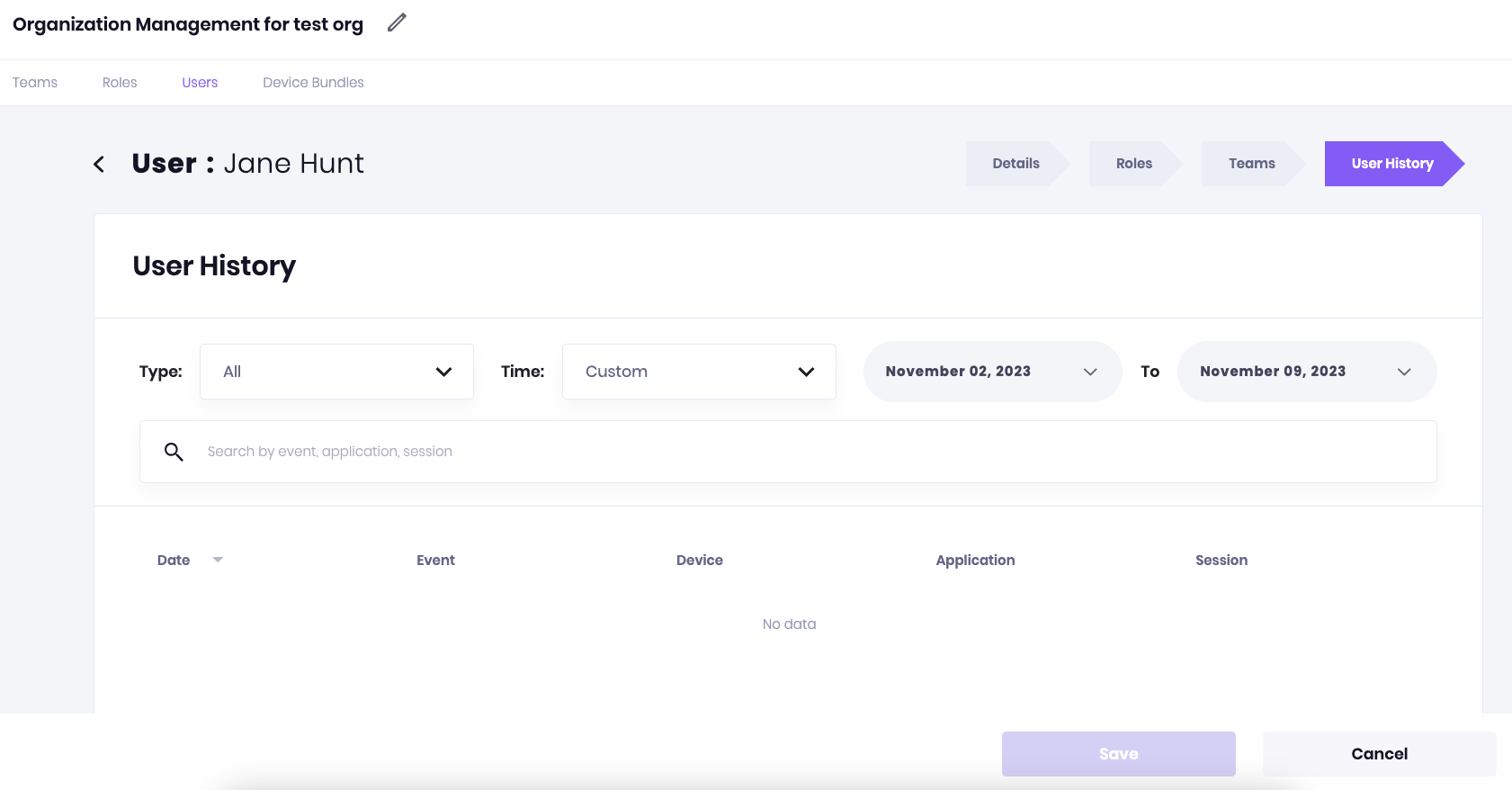 The User History report page