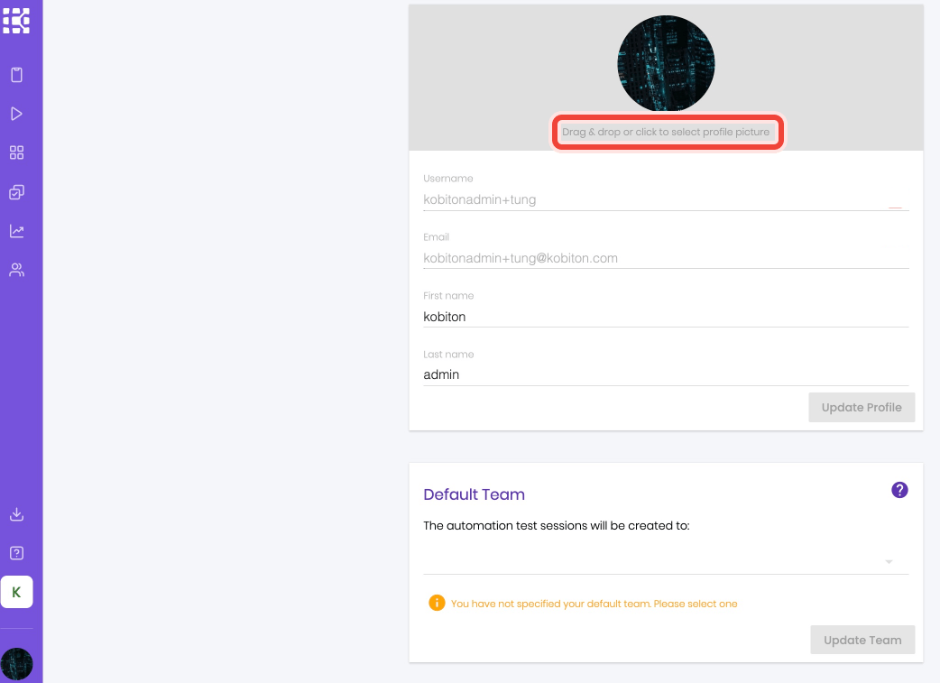 Drag and drop an image or select the pane to change your profile picture