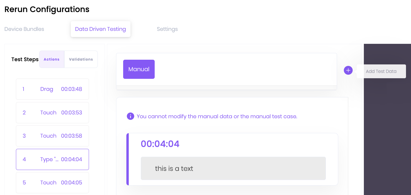 Select the plus icon to add new test data