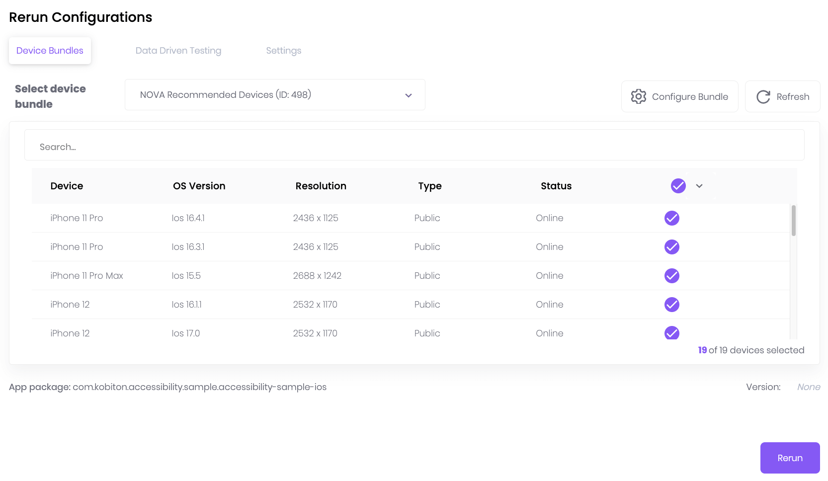 The select device bundles dropdown list
