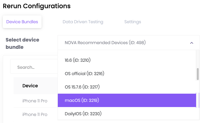 The select device bundles dropdown list