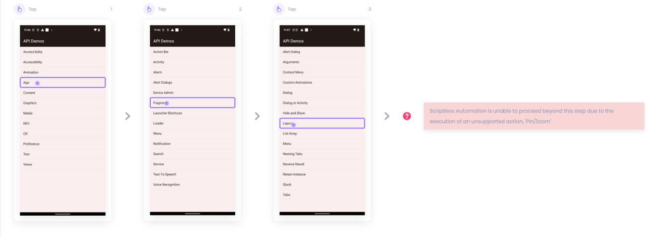 An unsupported action displayed in Automated Test Case