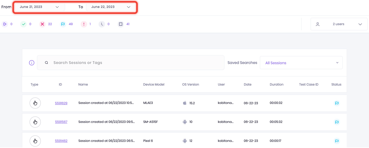 Select date range to filter sessions